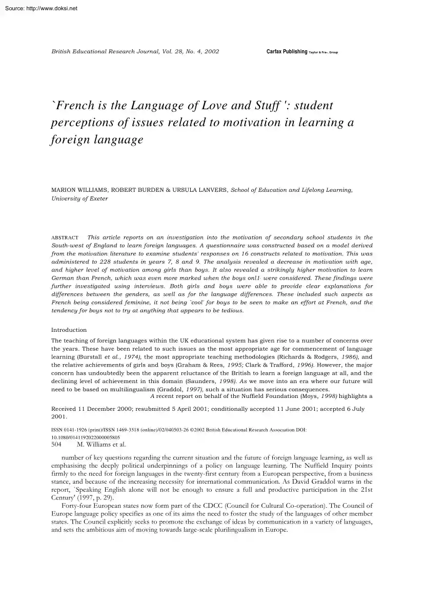 Williams-Burden-Lanvers - French is the Language of Love and Stuff, Student Perceptions of Issues