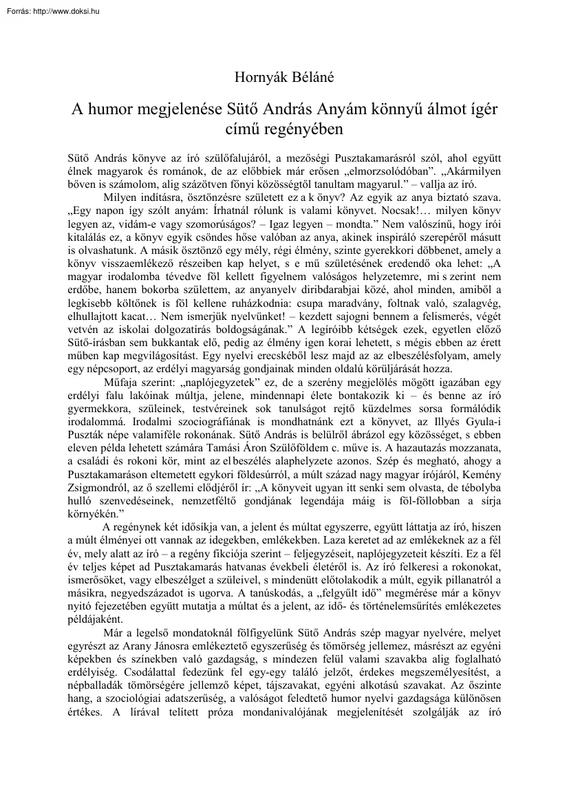 Hornyák Béláné - A humor megjelenése Sütő András Anyám könnyű álmot ígér című