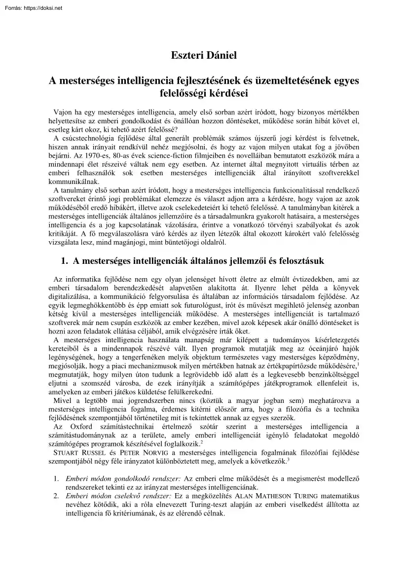 Eszteri Dániel - A mesterséges intelligencia fejlesztésének és üzemeltetésének egyes