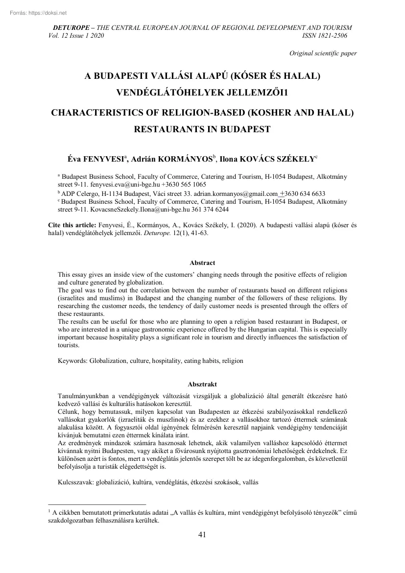 A budapesti vallási alapú, kóser és halal vendéglátóhelyek jellemzői