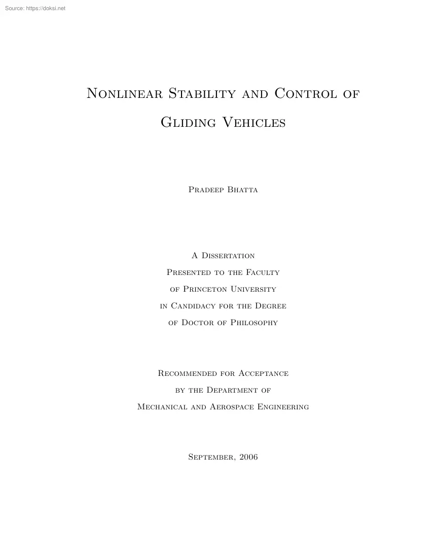 Pradeep Bhatta - Nonlinear Stability and Control of Gliding Vehicles