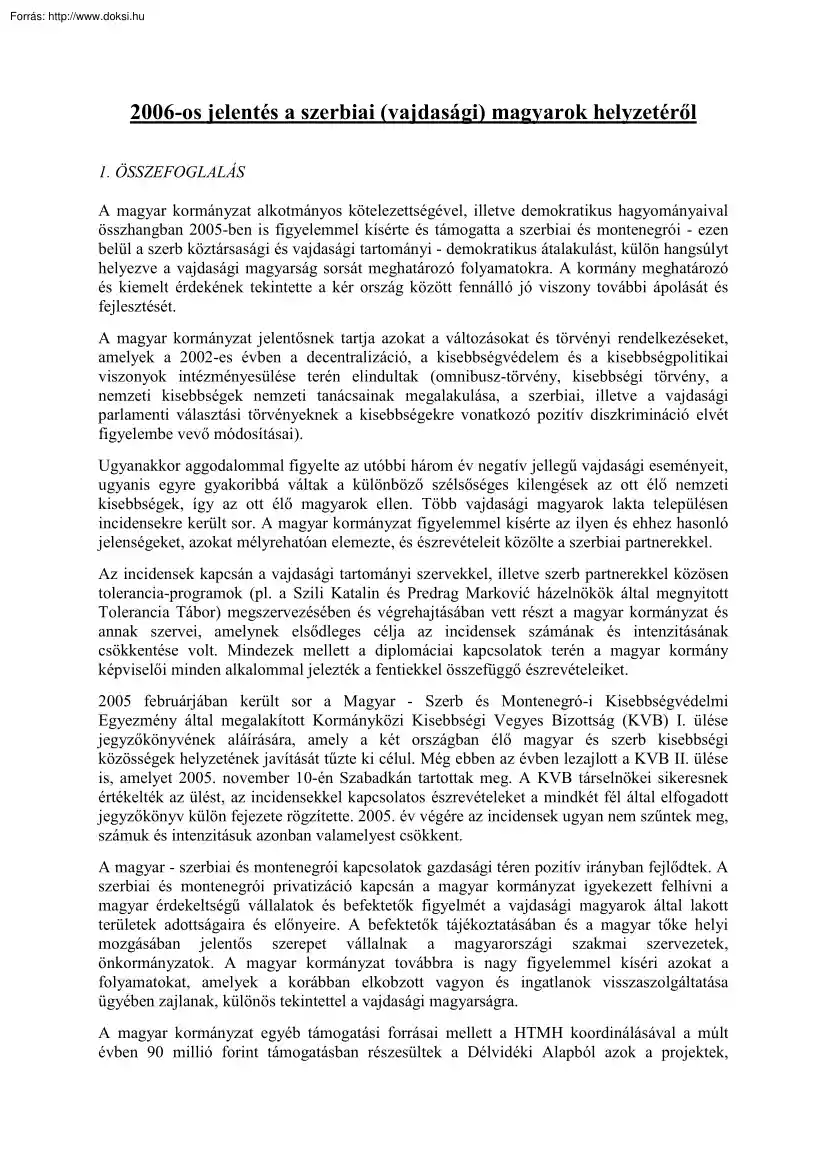 2006. évi jelentés a szerbiai (vajdasági) magyarok helyzetéről
