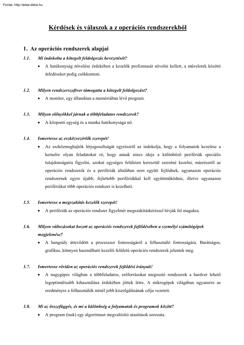 Kérdések és válaszok az operációs rendszerekről