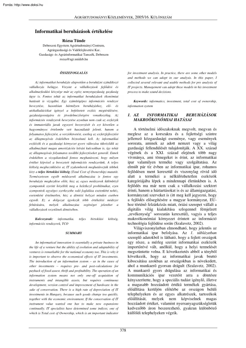 Rózsa Tünde - Informatikai beruházások értékelése