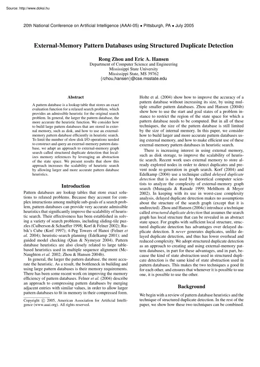 Zhou-Hansen - External memory pattern databases using structured duplicate detection