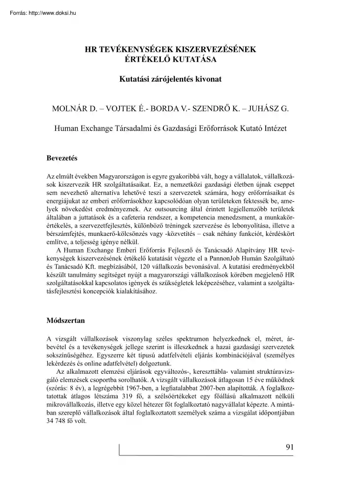 Molnár-Vojtek-Borda - HR-tevékenységek kiszervezésének értékelő kutatása