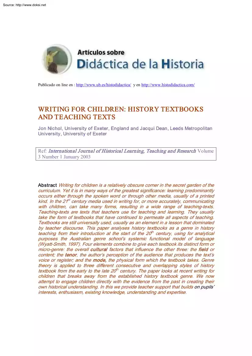 Jon Nichol - Writing for Children, History Textbooks and Teaching Texts