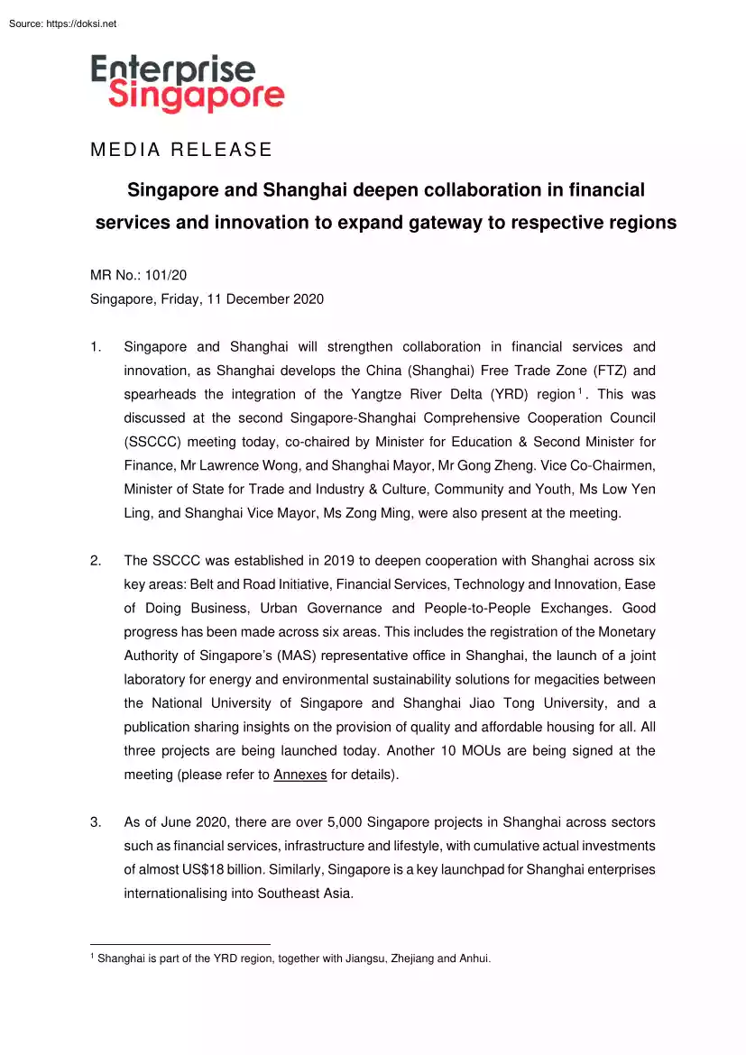 Singapore and Shanghai Deepen Collaboration in Financial Services and Innovation to Expand Gateway to Respective Regions