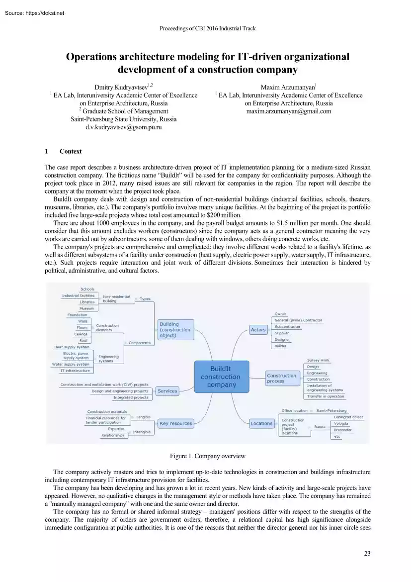 Kudryavtsev-Arzumanyan - Operations Architecture Modeling for IT-driven Organizational Development of a Construction Company