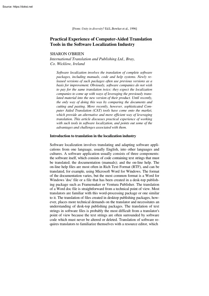 Sharon Obrien - Practical Experience of Computer-Aided Translation Tools in the Software