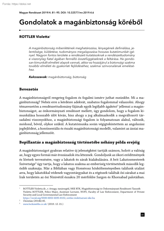 Rottler Violetta - Gondolatok a magánbiztonság köréből