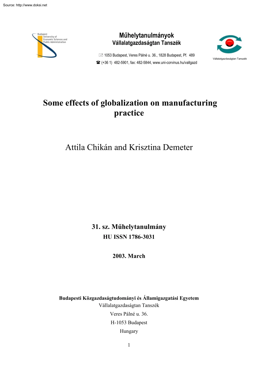 Chikán-Demeter - Some Effects of Globalization on Manufacturing Practice