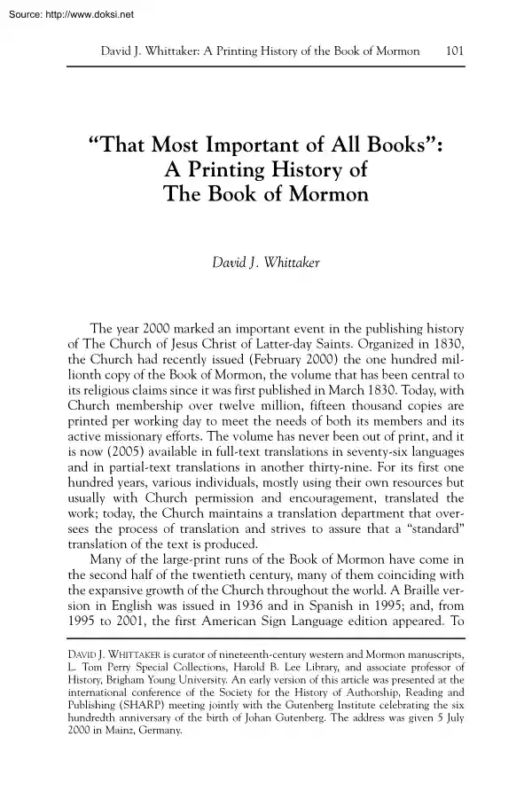 David J. Whittaker - That Most Important of All Books, A Printing History of The Book of Mormon