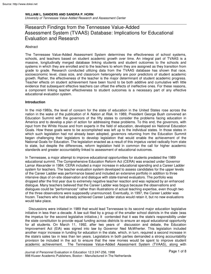Sanders-Horn - Research Findings from the Tennessee Value Added Assessment System, TVAAS Database, Implications for Educational Evaluation and Research