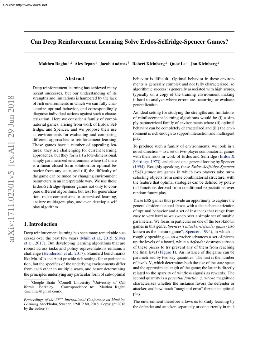 Raghu-Irpan-Andreas - Can Deep Reinforcement Learning Solve Erdos Selfridge-Spencer Games