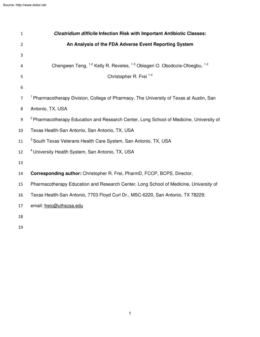Teng-Reveles-Ofoegbu - Clostridium difficile Infection Risk with Important Antibiotic Classes, An
