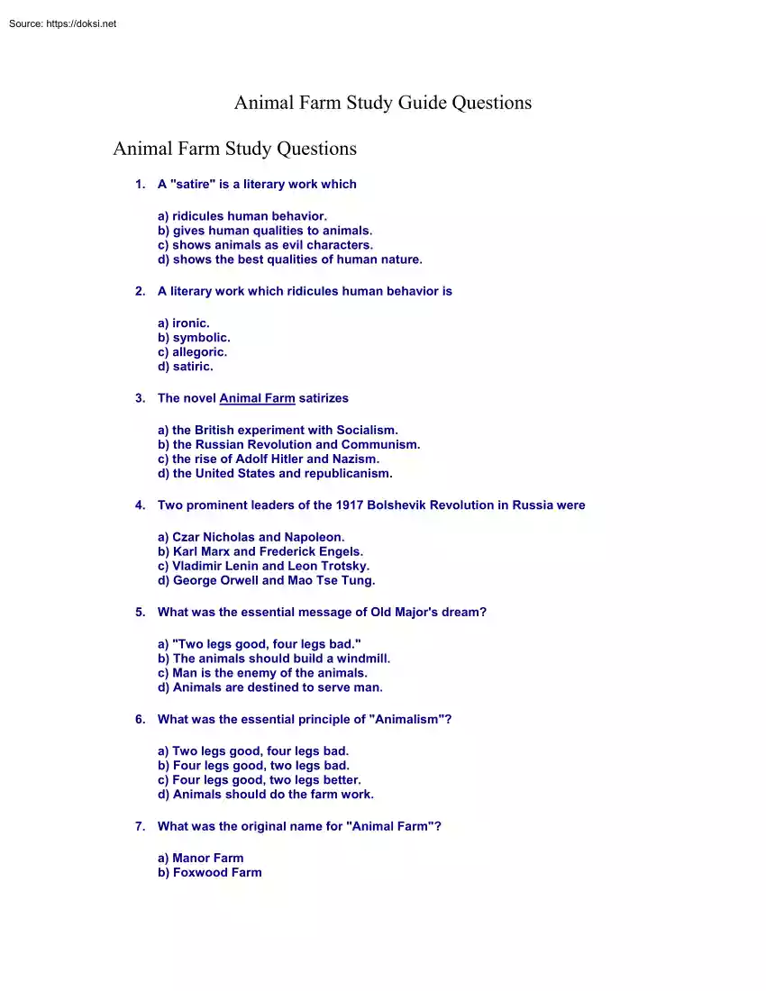 Animal Farm Study Guide Questions