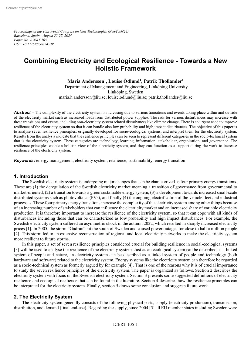 Combining Electricity and Ecological Resilience, Towards a New Holistic Framework