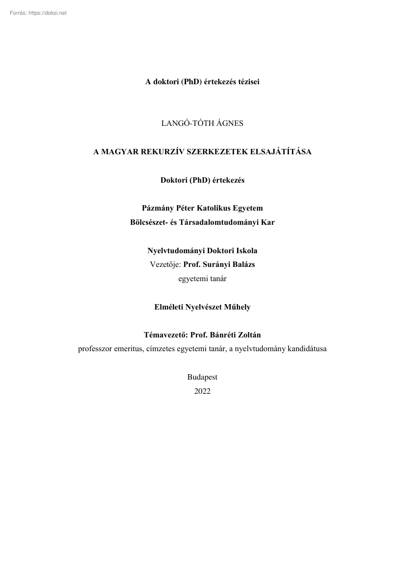 Langó-Tóth Ágnes - A magyar rekurzív szerkezetek elsajátítása