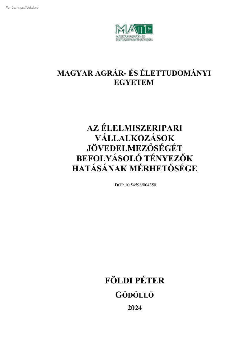 Földi Péter - Az élelmiszeripari vállalkozások jövedelmezőségét befolyásoló tényezők