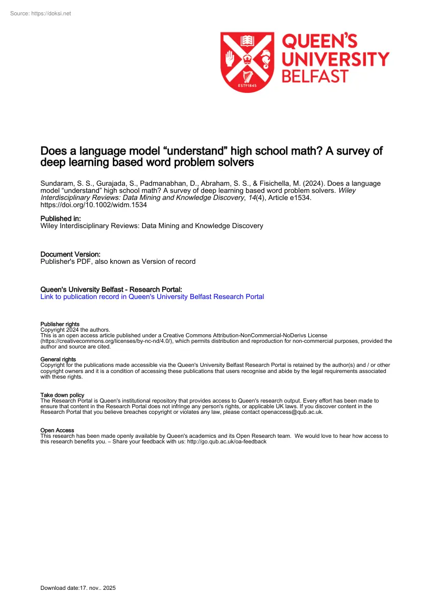 Does a language model understand high school math, A survey ofdeep learning based word problem