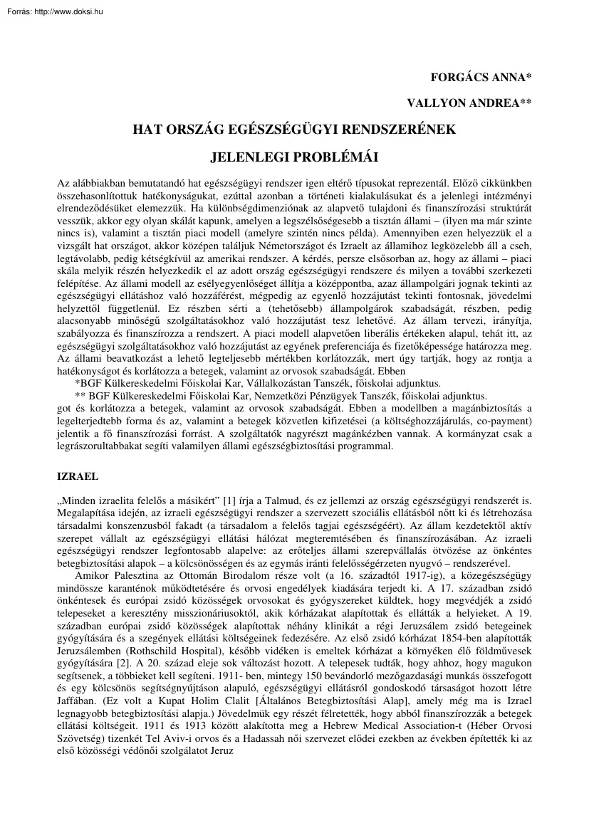 Forgács-Vallyon - Hat ország egészségügyi rendszerének jelenlegi problémái