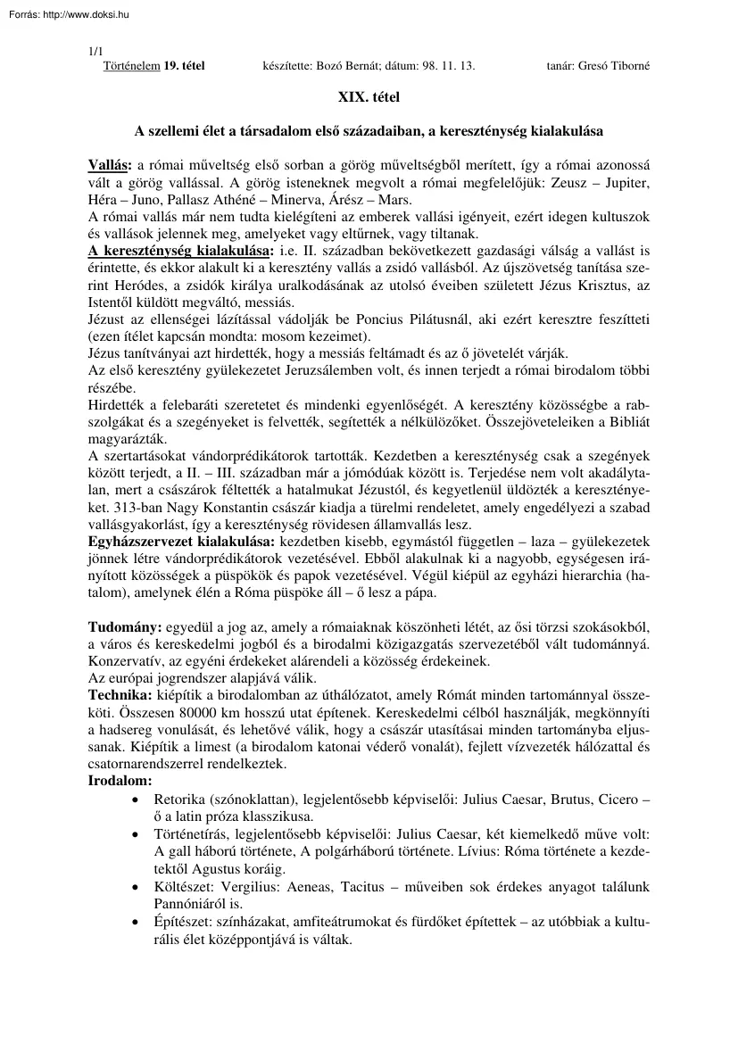 Bozó Bernát - A szellemi élet a társadalom első századaiban, a kereszténység kialakulása