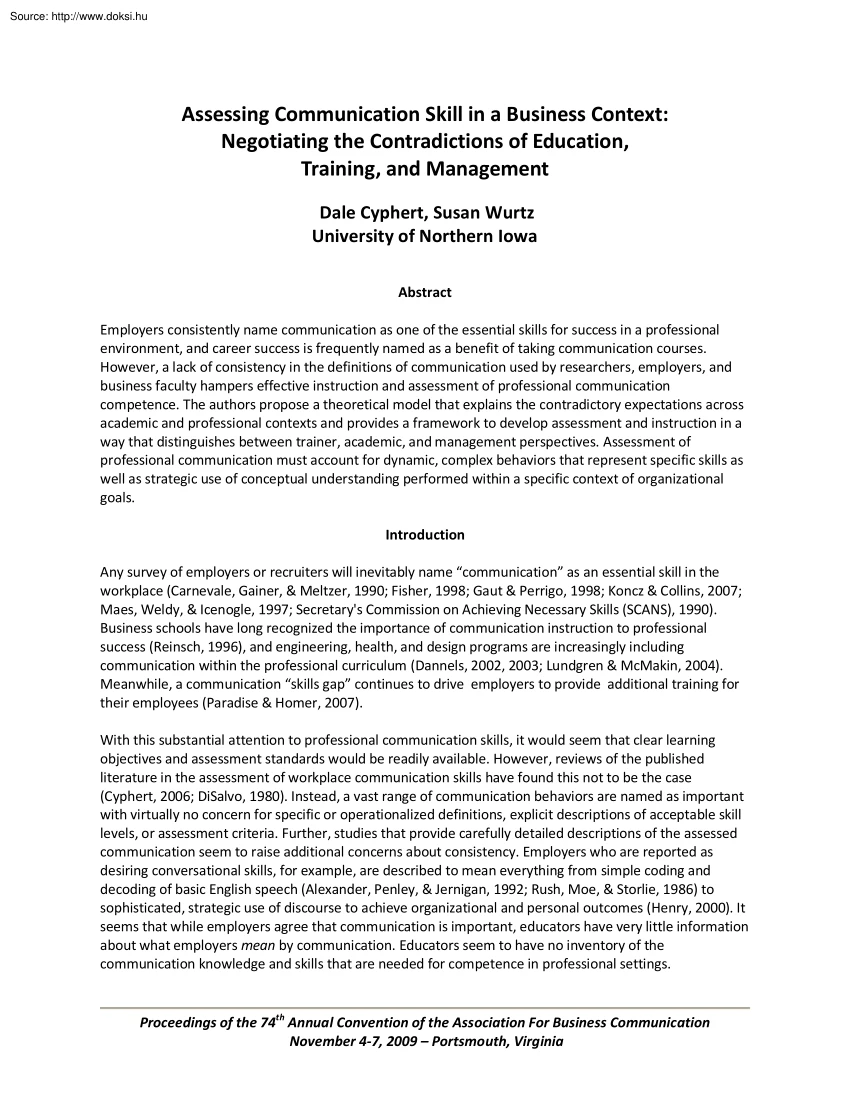 Dale Cyphert - Assessing communication skill in a business context negotiating the contradictions of education training, and management