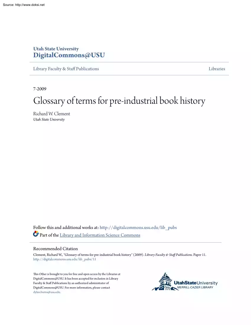 Richard W. Clement - Glossary of Terms for Pre Industrial Book History