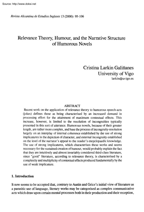 Cristina Larkin Galinanes - Relevance Theory, Humour, and the Narrative Structure of Humorous Novels