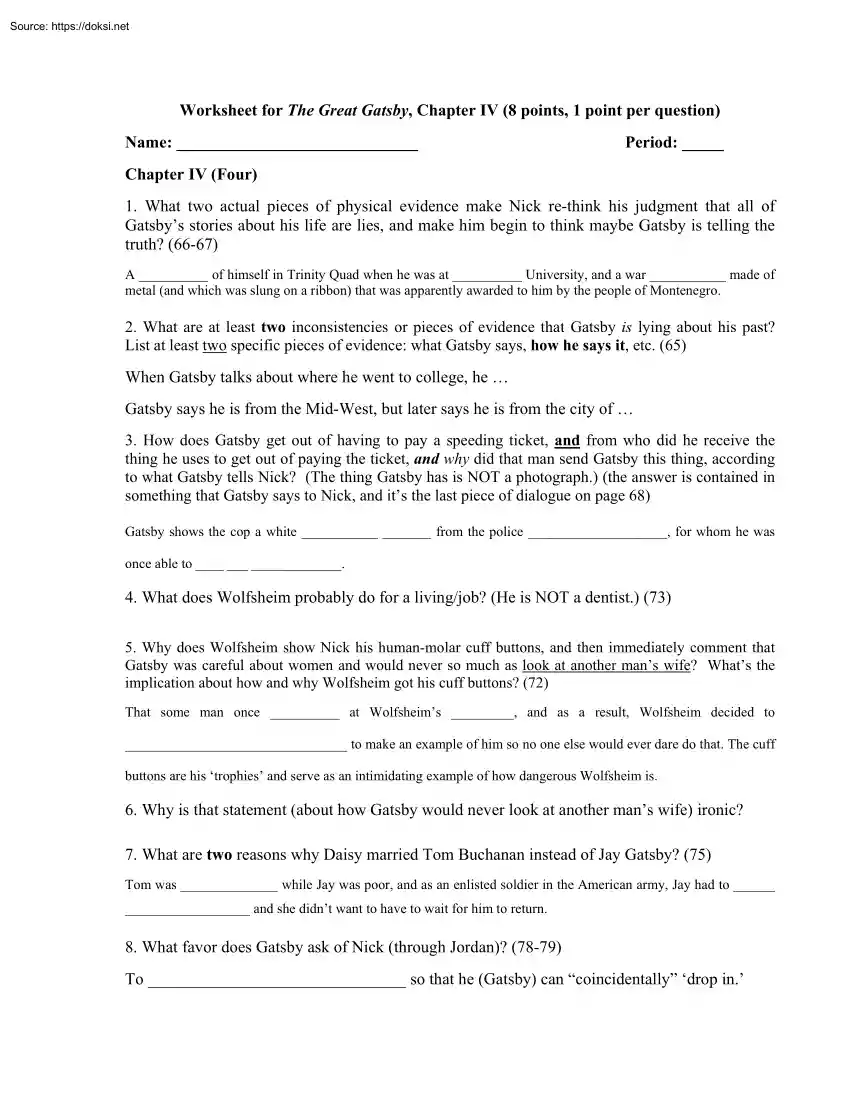Worksheet for The Great Gatsby, Chapter IV