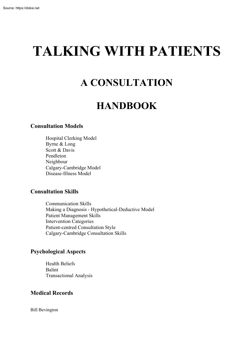 Talking with Patients, A Consultation Handbook