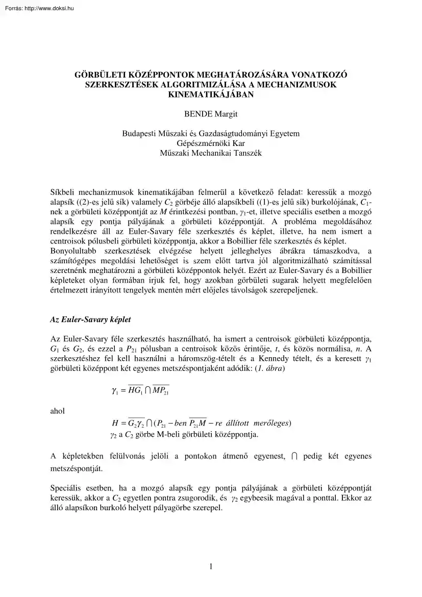 BME Bende Margit - Görbületiközéppontok meghatározására vonatkozó szerkesztések algoritmizálása a mechanizmusok kinematikájában