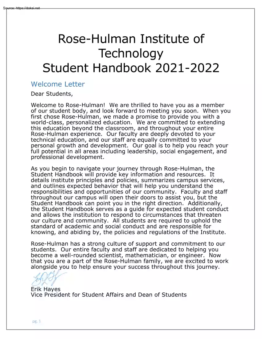 Rose-Hulman Institute of Technology, Student Handbook