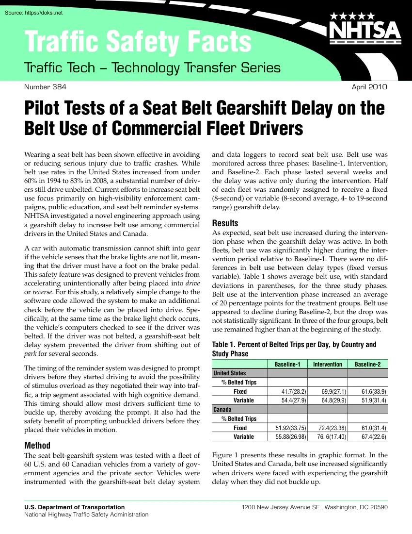Pilot Tests of a Seat Belt Gearshift Delay on the Belt Use of Commercial Fleet Drivers