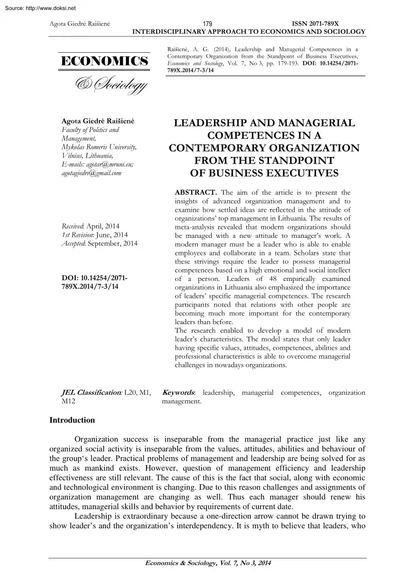 Agota Giedré - Leadership and Managerial Competences in a Contemporary Organization from the Standpoint of Business Executives