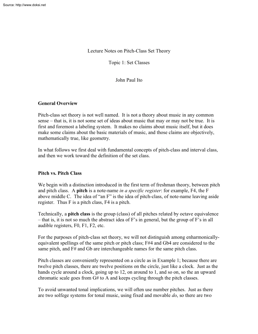 John Paul Ito - Lecture Notes on Pitch Class Set Theory