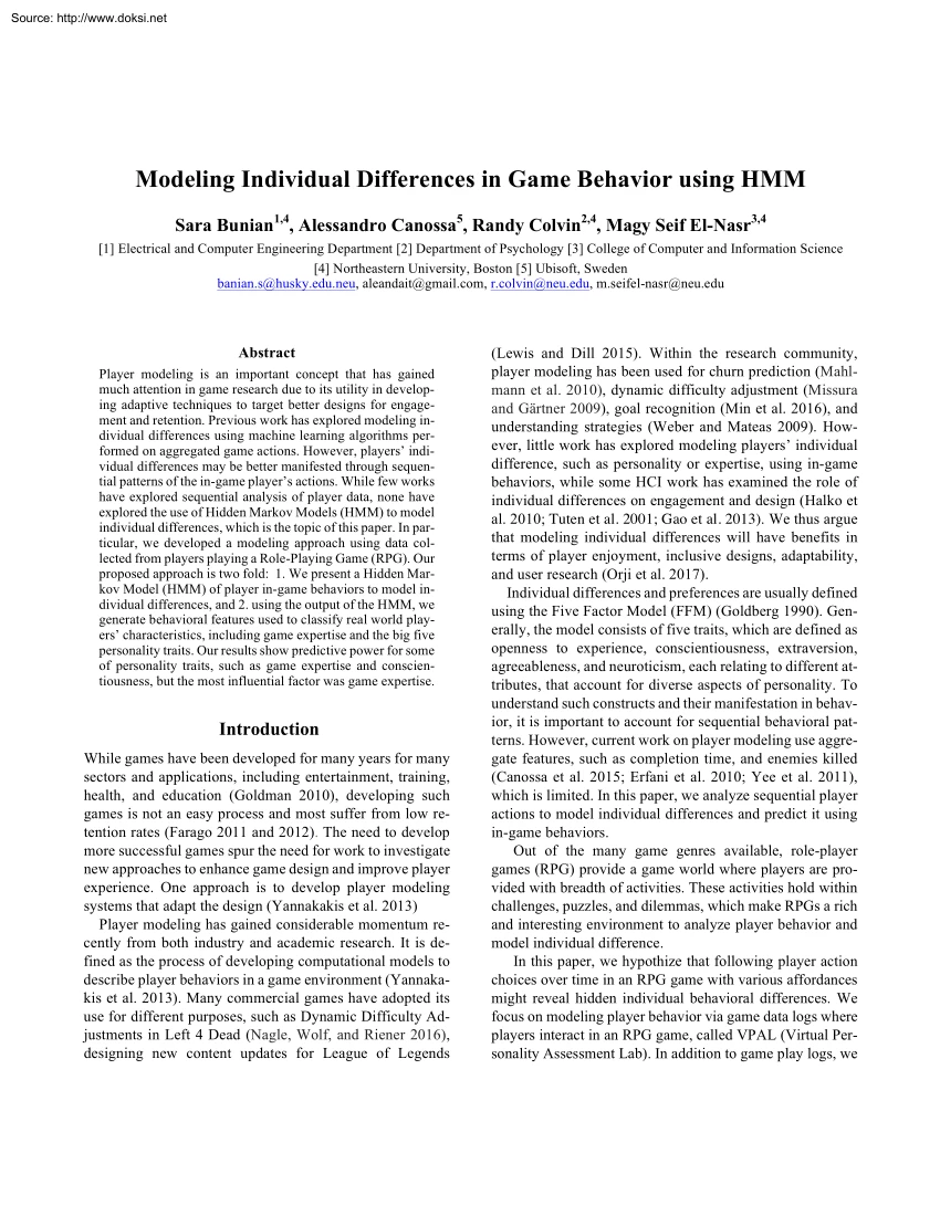 Bunian-Canossa-Colvin - Modeling Individual Differences in Game Behavior using HMM