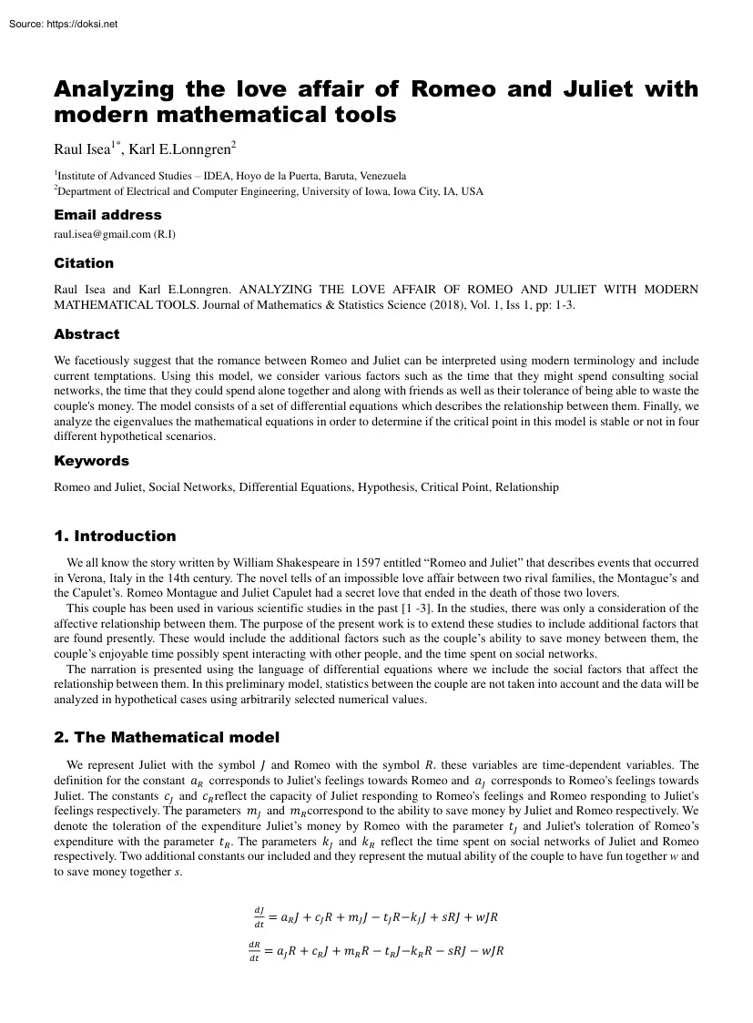 Isea-Lonngren - Analyzing the Love Affair of Romeo and Juliet with Modern Mathematical Tools