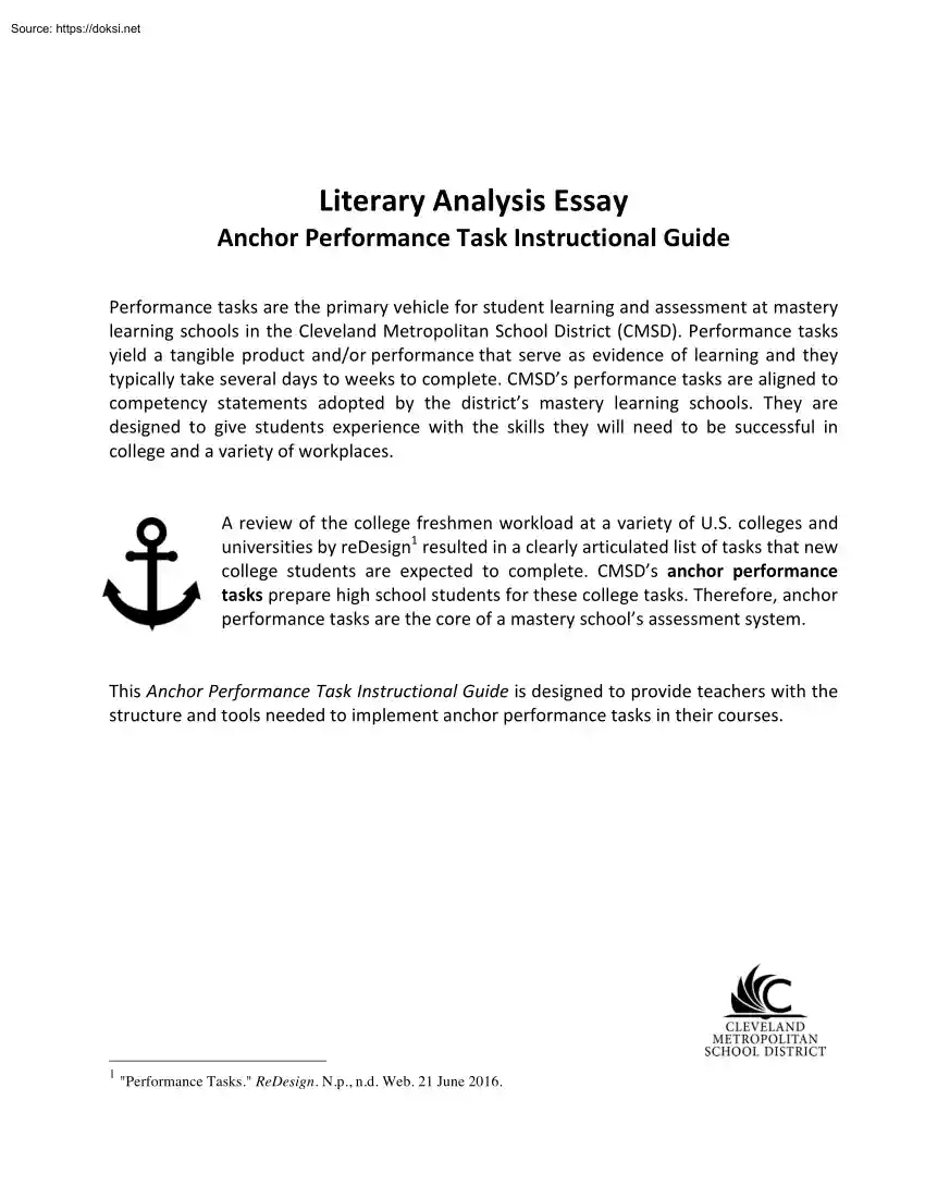Literary Analysis Essay, Anchor Performance Task Instructional Guide