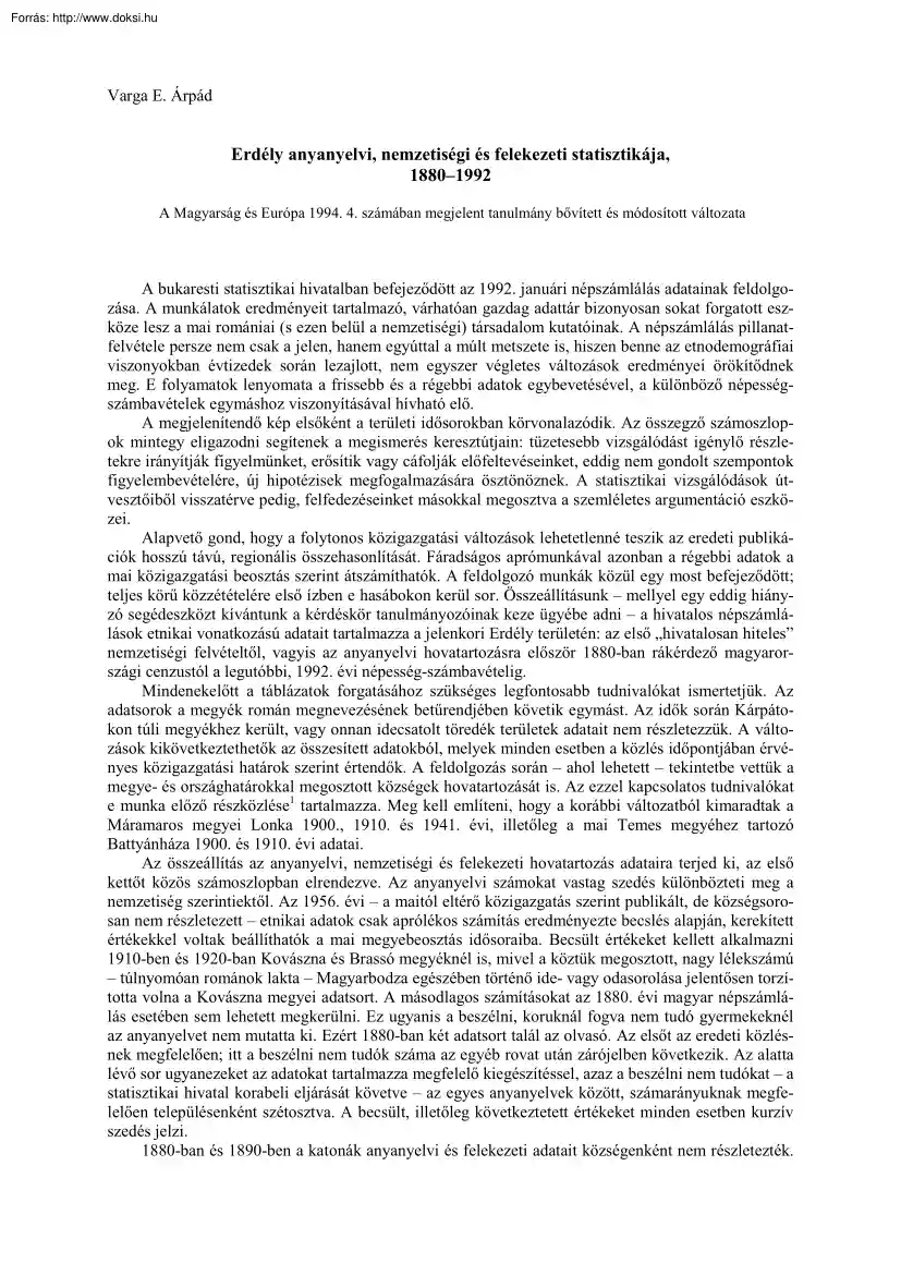Varga E. Árpád - Erdély anyanyelvi, nemzetiségi és felekezeti statisztikája, 1880-1992