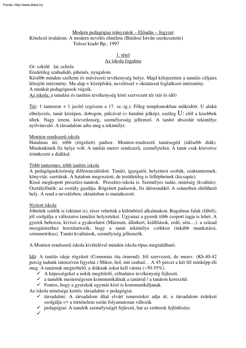 Modern pedagógiai irányzatok, előadásjegyzet