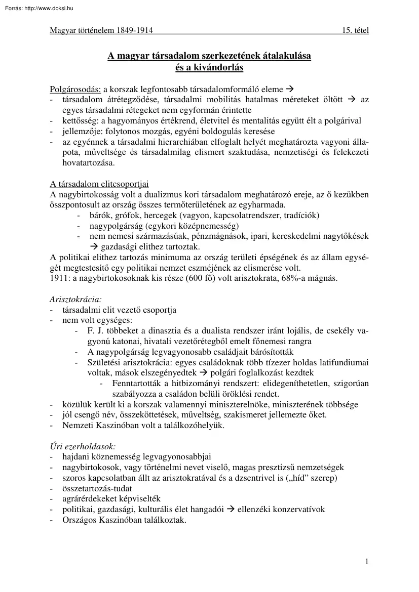 A magyar társadalom szerkezetének átalakulása és a kivándorlás
