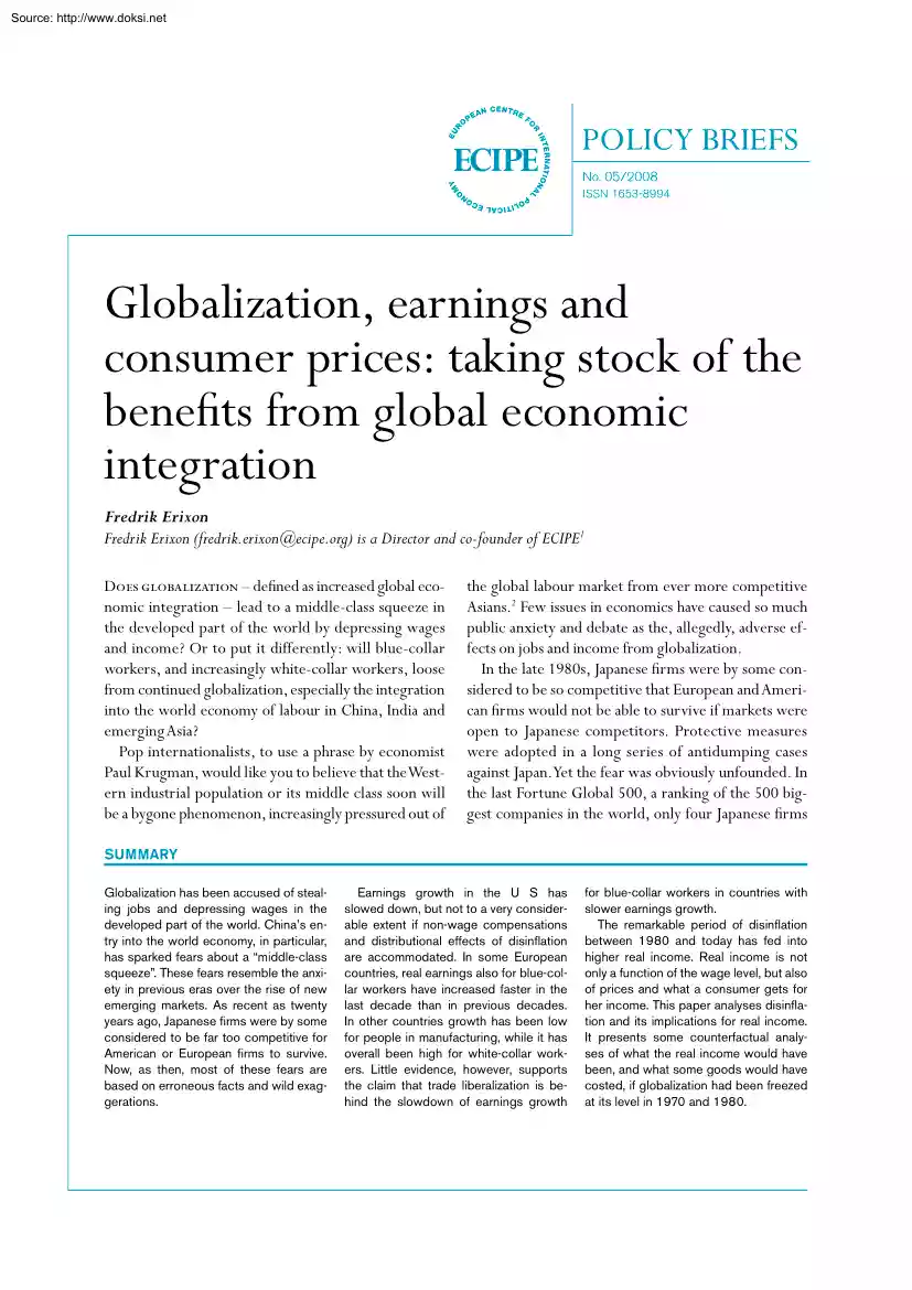 Fredrik Erixon - Globalization, Earnings and Consumer Prices, Taking Stock of the Benefits from Global Economic Integration