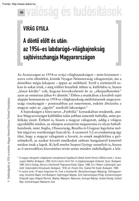 Virág Gyula - A döntő előtt és után, az 1954-es labdarúgó-világbajnokság sajtóvisszhangja Magyarországon