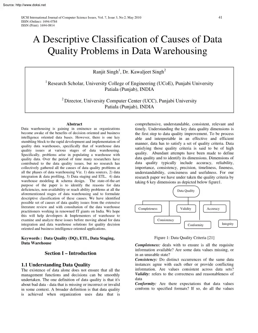 Singh-Singh  - A Descriptive Classification of Causes of Data Quality Problems in Data Warehousing