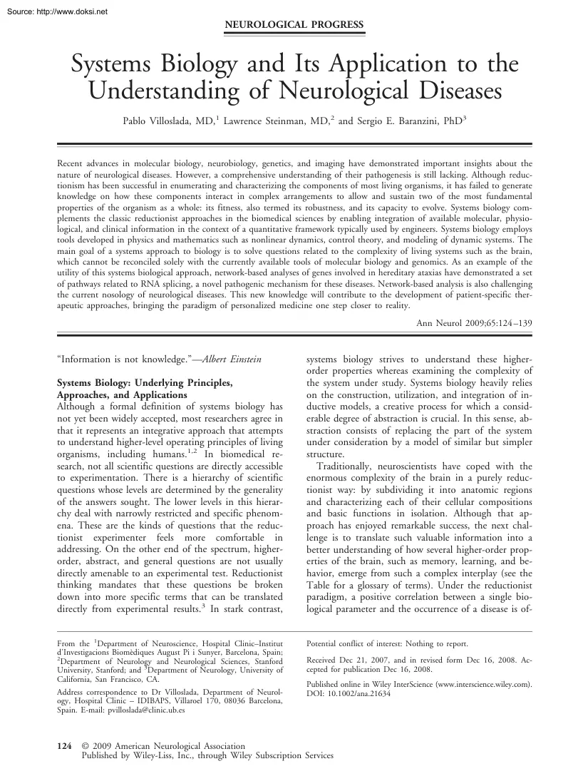 Systems Biology and Its Application to the Understanding of Neurological Diseases