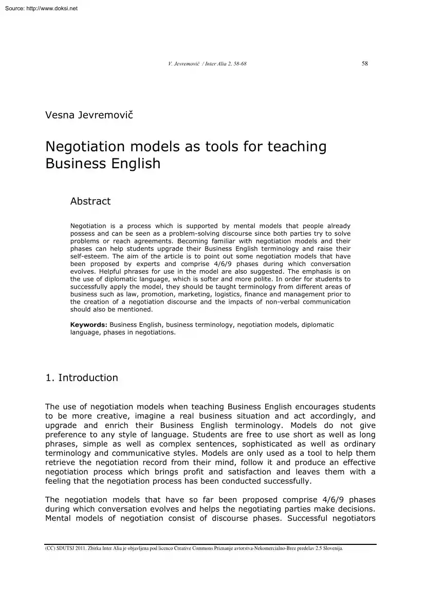 Vesna Jevremovic - Negotiation Models as Tools for Teaching Business English