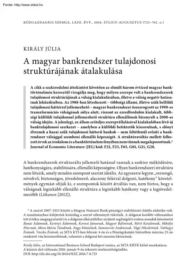 Király Júlia - A magyar bankrendszer tulajdonosi struktúrájának átalakulása