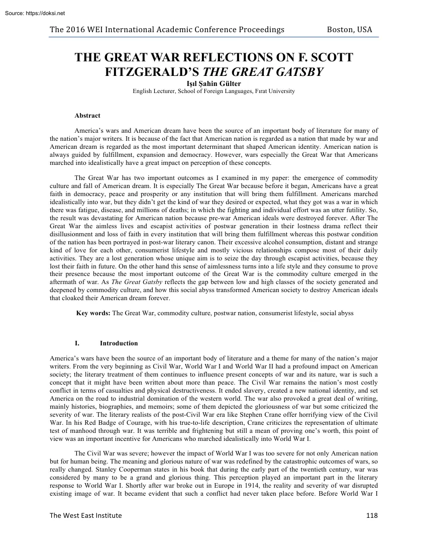 Isil Sahin Gülter - The Great War Reflection on F. Scott Fitzgeralds The Great Gatsby